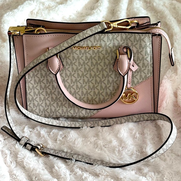 MICHAEL Michael Kors Handbags - Michael Kors Pink and White Hope Medium Satchel Crossbody Bag